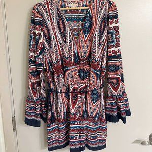 Women's Large GB Print Romper with Pockets and Bell Sleeves